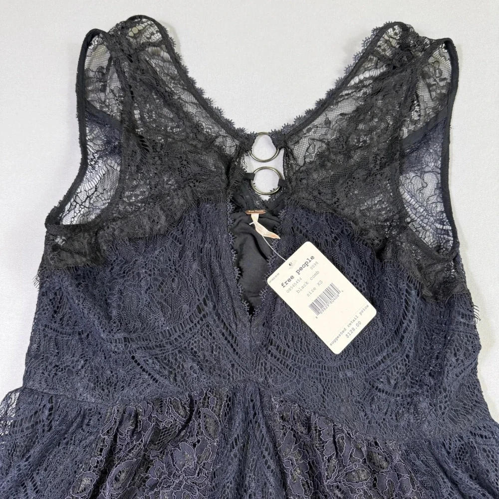 Free People Dont You Dare Mini Dress Women XS Navy Black Lace Boho Open Back NEW